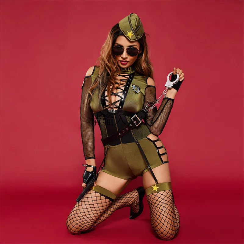 Women Police Sexy Bandage Army Green Bodysuit Leather Belt Policewomen Fish Net Jumpsuit With Hat Handcuff Cosplay Costume