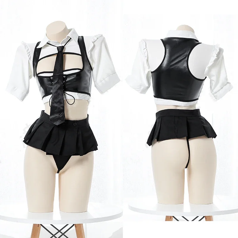 

Anime Cosplay Suit Police Officer Cosplay Costume Policewomen Uniform Sexy Women Pu Leather Tank Super Mini Skirt Cosplay Set