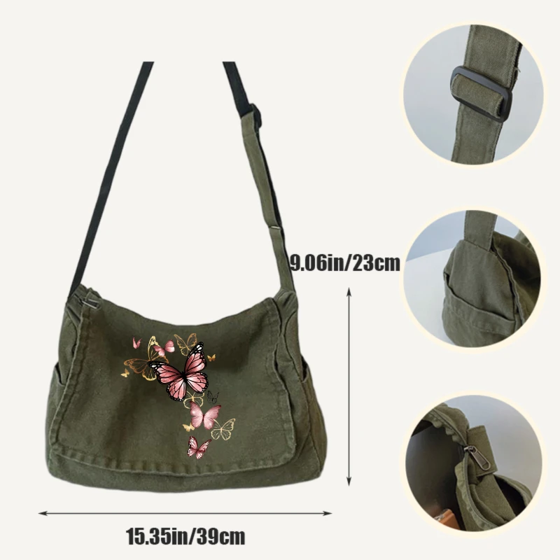Vintage Women's Shoulder Bag Canvas Butterfly Print Large Capacity Crossbody Bag for Travel Messenger Bag