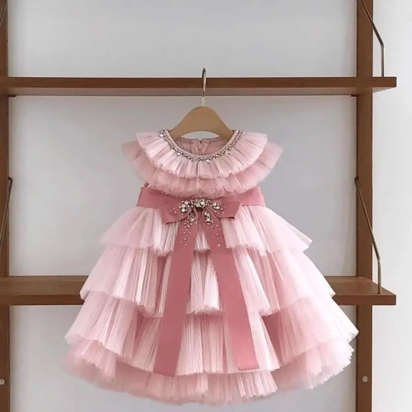 

New Children's Evening Gown Bow Mesh Beading Design Kids Catwalk Wedding Birthday Baptism Eid Party Girls Dresses A3595