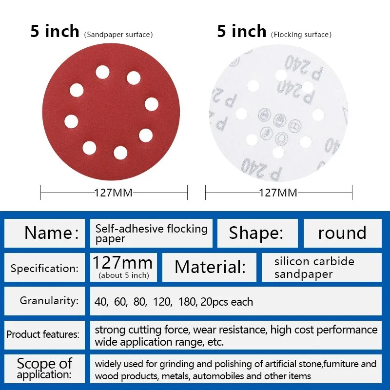 XCAN 5Inch 125mm Round Sandpaper 8 Holes Disk Sand Sheets Grit 40-3000 Hook and Loop Sanding Disc Abrasives for Polish