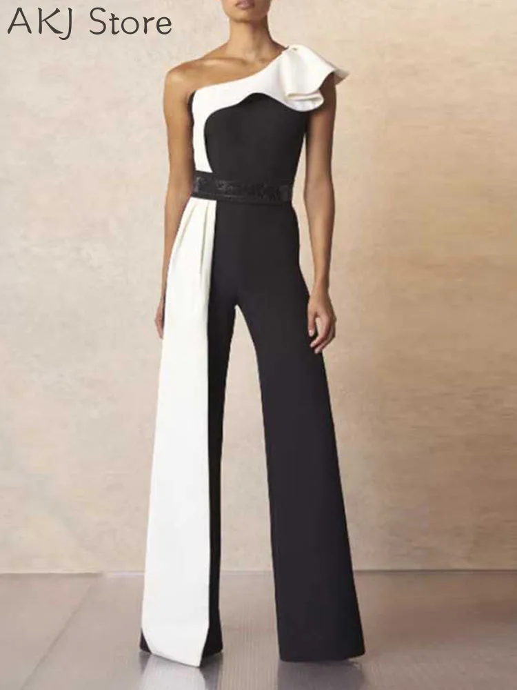 

Black White Colorblock One Shoulder Sleeveless Straight Jumpsuit Without Belt