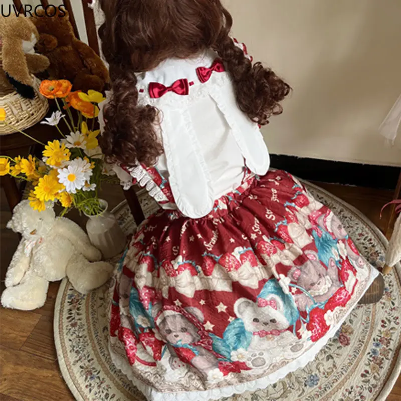 Japan Kawaii Lolita Jsk Dress women sweet Bear strawberry Print Lace Strap Dresses Girl Harajuku Princess Holiday Party Vestidos lolita dress lolita suspender dress lolita cosplay costumes suspender dress lolita skirt lolita blouses