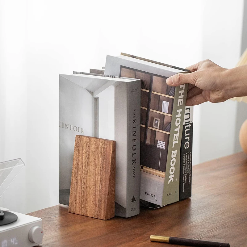 2PCS Acacia Wood Bookends Wooden Desktop Book Ends Office Organizer Heavy Duty Stand Holder Storage Shelf For Home Accessories