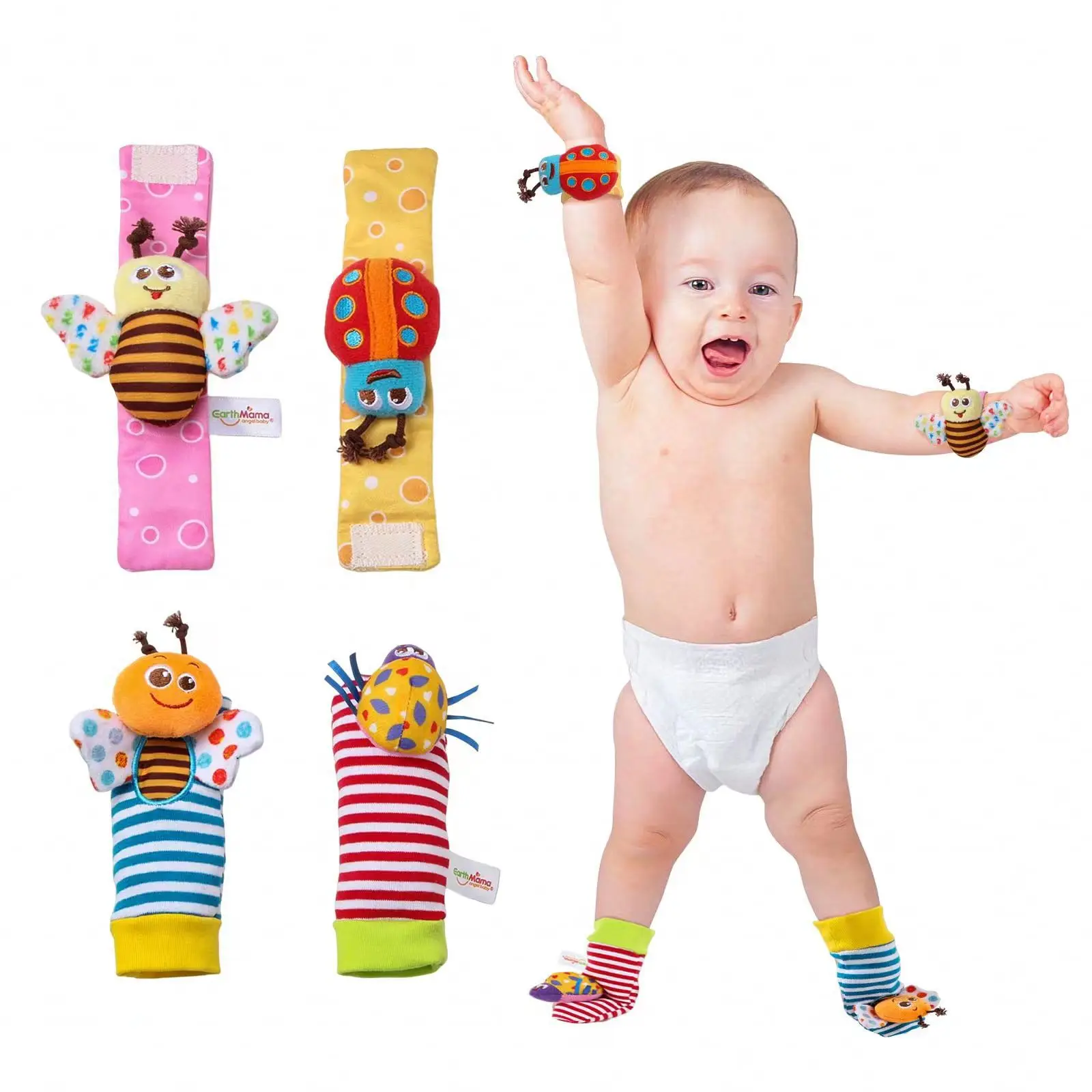 Chaussettes-hochets pour bébé (0-12 mois), chaussettes en peluche à motif dessin animé, dragonne avec hochet et tirette pour les pieds, jouets pour bébés._voghion.com
