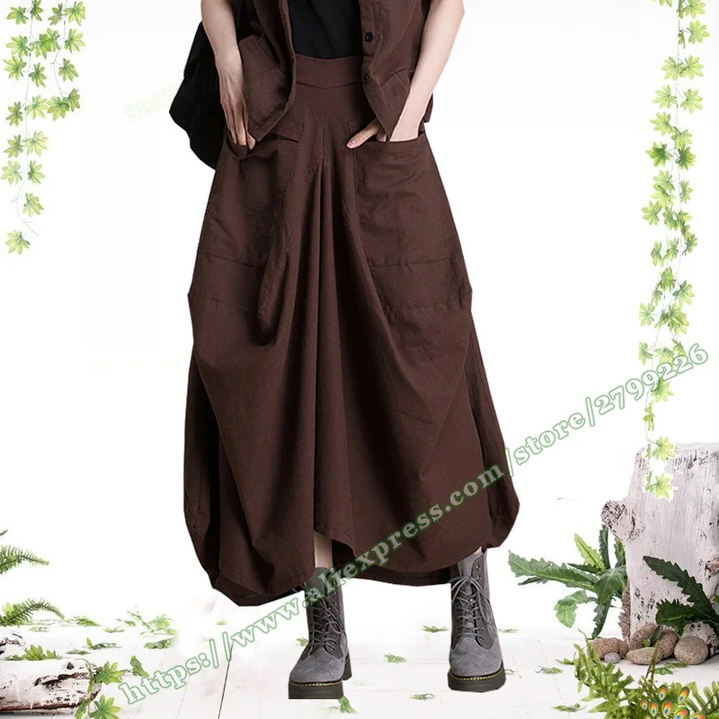 

Female Japanese Vintage Fashion Casual Hip Hop Cotton Linen Streetwear Asymmetrical Irregular Big Pocket Maxi Skirts with Womens