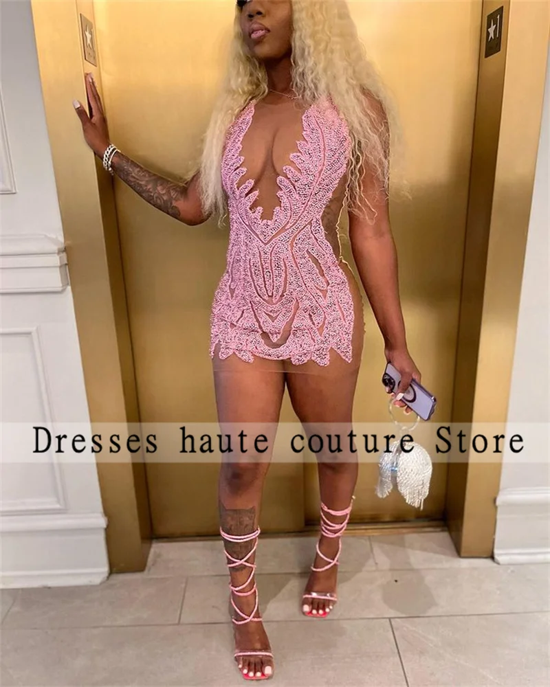 Luxury Pink Women Cocktail Dresses Sheer Mesh Beads African Girl Short Prom Dresses For Birthday Party Gowns