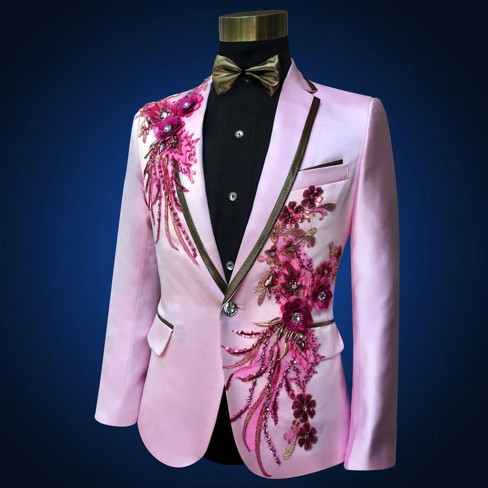 Pink Tuxedo Jacket + pant Beads Suit Mens Stage Wearmens Tuxedos Wedding Plus Size 4XL Pink Royal Blue White Black Red Groom Suit