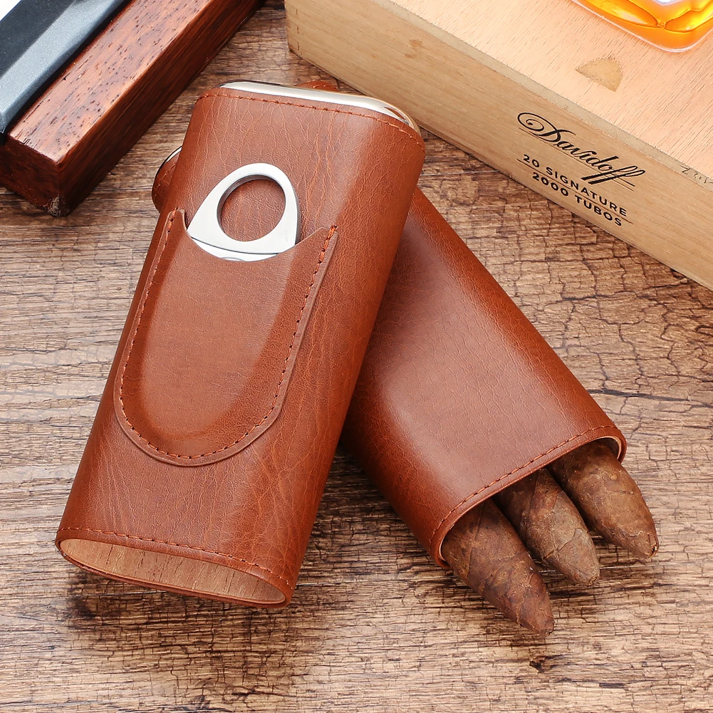 

GALINER Travel Cigar Humidor Box Leather Case Cedar New Guillotine Cigar Cutter Portable Humidor Fit 3 Cigars Case