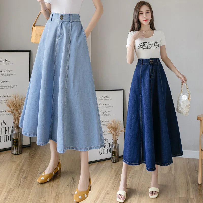 

Vintage Denim Skirt Women Long Jeans Skirt 2023 High Waist Midi Skirts Casual Loose High Waist A-line Skirts Autumn Spring