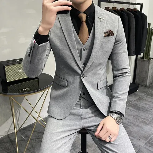 ( Jacket + Vest + Pants ) High-end Brand Boutique Fashion Solid Color Mens Casual Business Suit 3Piece Set Groom Wedding Dress - Light Grey, Asia 6XL (EUR 3XL)