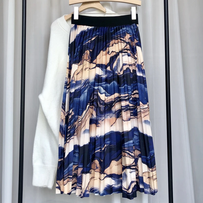 

Women Print Skirt High Waist Tie Dye Blue Midi Skirts Elegant Fashion Office Lady Autumn A Line Pleated Skirt Long