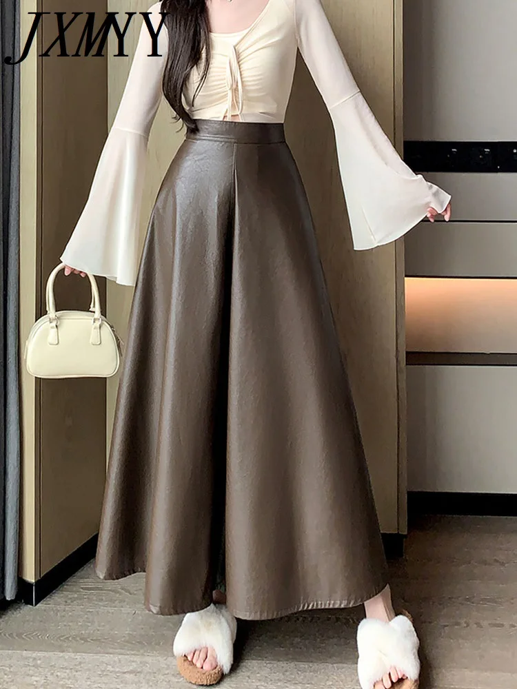 

Fashionable PU Leather Skirt For Women In Autumn New Large Swing Leather Skirt High Waisted Mid Length Skirt A-Line Long Skirt