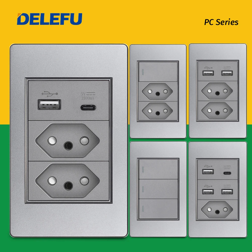 Delefu Cinza Painel pc Brasil Standard Outlet Duplo Usb tipo c Parede Power Socket Light Switch Home Office Plugue Elétrico 10a 20a Paralelos