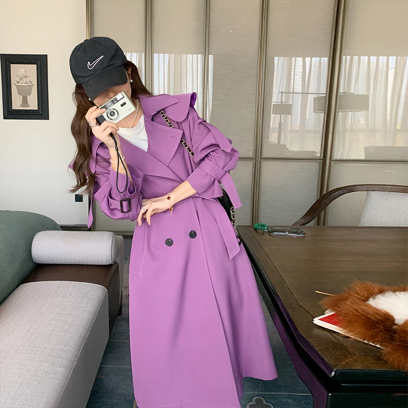

Double Breasted Belted Korean Style Long Purple Trench Coat Jacket 2023 Spring Autumn Women Elegant Loose Windbreaker Cloak 9118