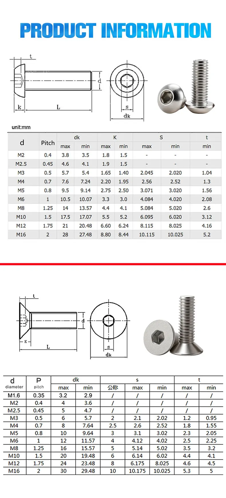 M2 M2.5 M3 M4 M5 M6 M8 A2 Runde Edelstahl- oder Senkkopfschrauben DIN7991 Innensechskantschrauben ISO7380 5-55 Stück – Detail 9