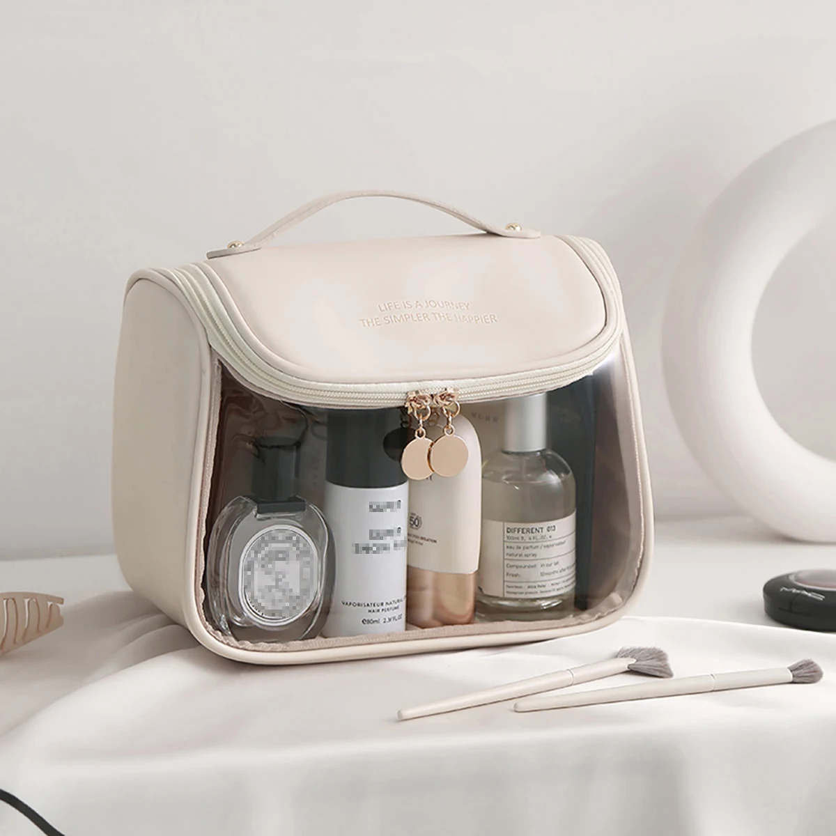 Transparent PU Cosmetic Bag with Hook Waterproof Travel Washbag Large Makepouch 2