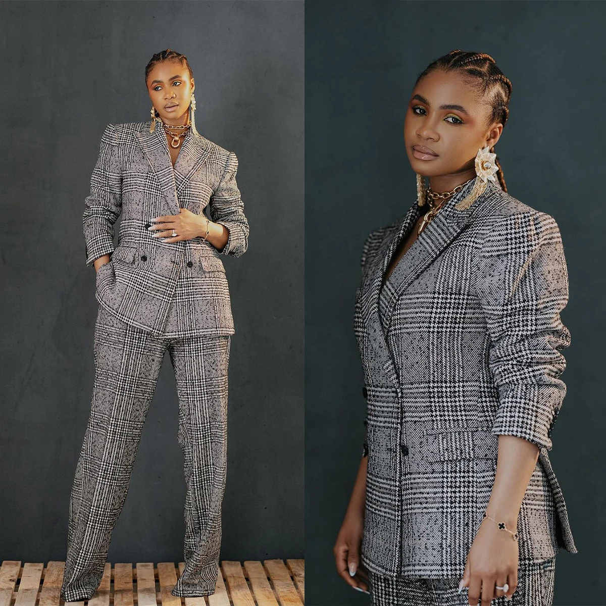 Women Suits Autumn Blazer Jacket Fashion Plaid Double Breasted Work Tuxedos Set Coat Office Lady 2 Pieces Customize