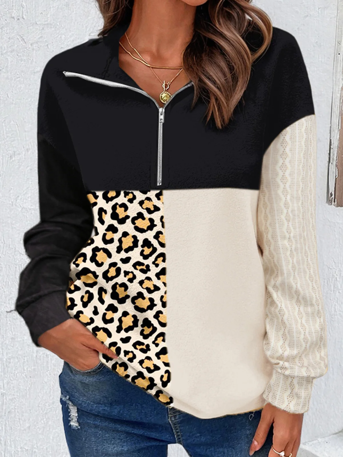 

Leopard Color Block Zipper Collar Sweatshirt Women Commuter Top Vintage Harajuku Casual Print Long Sleeve Comfy Autumn Blouse