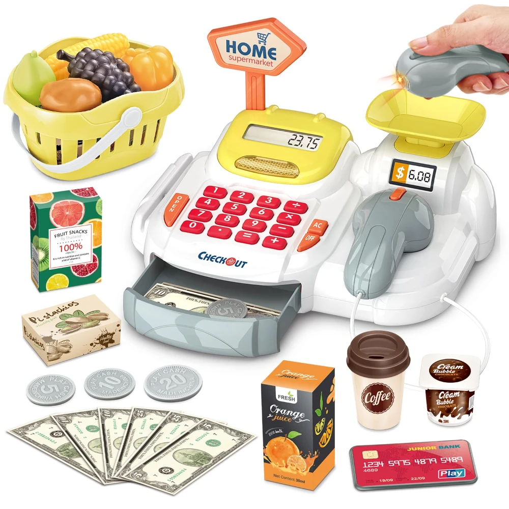 WizKidz Pretend Play Cash Register Toy with Scanner Sounds Calculator Credit Card Reader Play Food Money for Kids 3 Years Plus