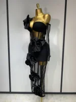 Women Sexy One Shoulder Bow Mesh See Through Bandage Bodycon Dress With Gloves Black Sleeveless Elegant Party Birthday Dresses 3