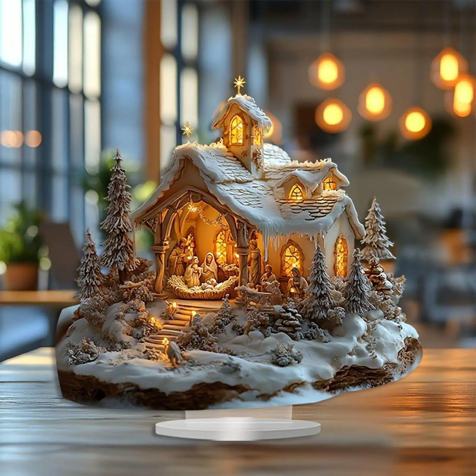 Jesus Figurine Snow Scene House Tabletop Decor Desk Display Collection Christmas