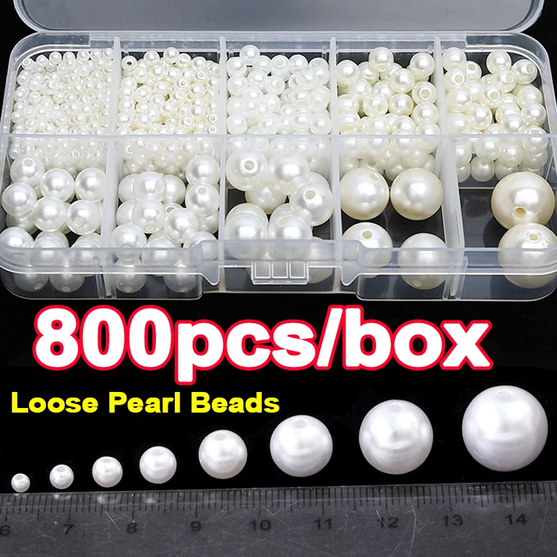 

Box Mixed Pearl Beads 3-14mm ABS Loose Round Beads For Craft Jewelry Making White Beige DIY Imitation Garment Sewing Decoration