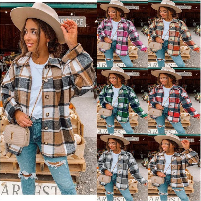 Fashion Autumn Winter Warm Women Casual Plaid Tops Shacket Long Sleeve Button Down Loose Shirt Jacket Coats Sweatshirt Polo