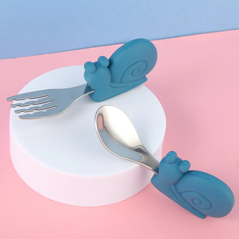 2Pcs Cartoon Elephant Spoon Fork Set Non-slip Infant Feeding Children Tableware Kids Training Spoon Silicone/Stainless Steel