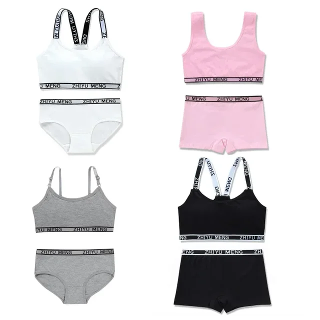 Teenager Girls B Set Cotton Young Children Lingerie+Free Size Underwear Kids Puberty Training Bra Panties 8-14Y 2