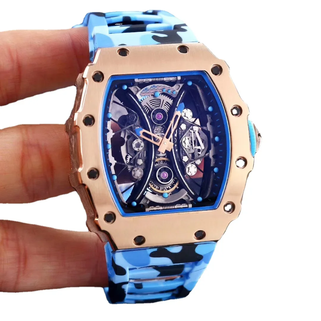 

Luxury New Blue Rubber Men Watch Automatic Mechanical Tourbillion Black Rose Gold Skeleton Watches