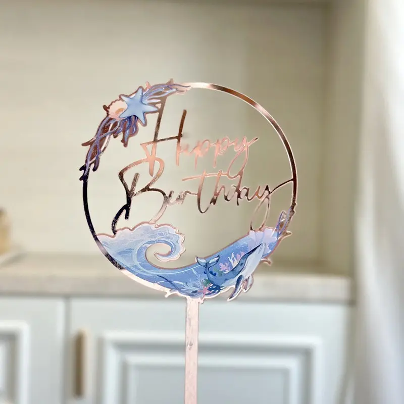 Ocean Wind Happy Birthday Cake Topper Gold Bunter Acryl-Kuchenaufsatz für Kinderpartys Dessert-Dekoration Babyparty-Geschenkzubehör – Detail 8