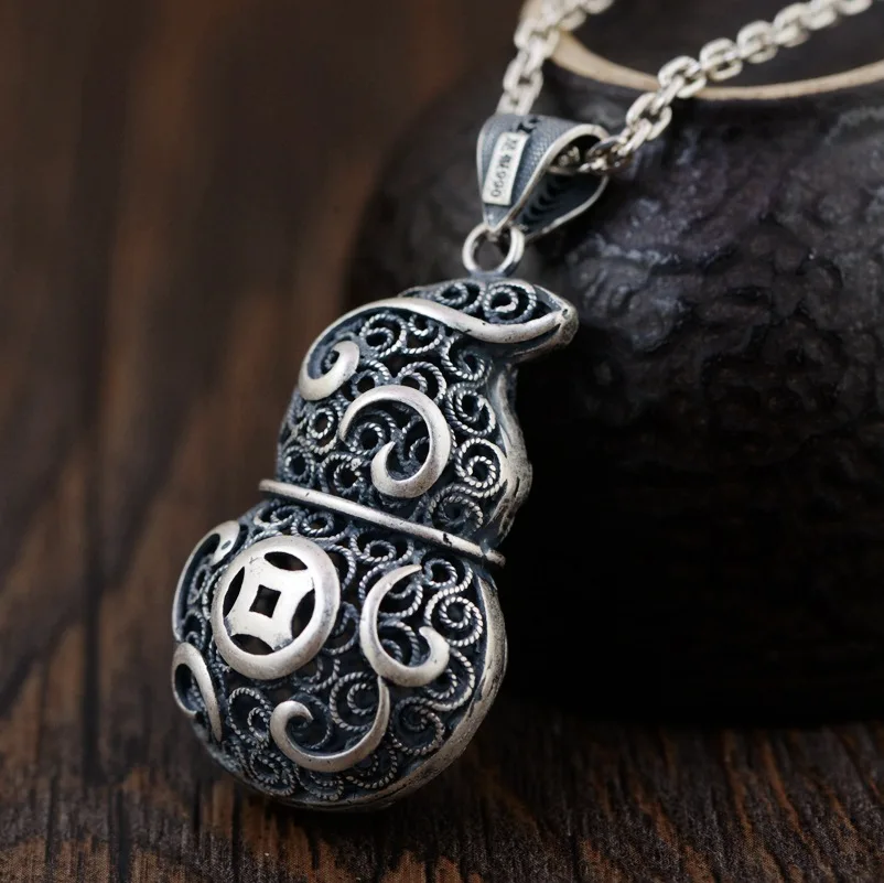

S925 Sterling Silver Female Gourd Charm Jewelry DIY Calabash Gourd Pendant S990 Thai Silver Vintage Engrave Accessories Jewelry