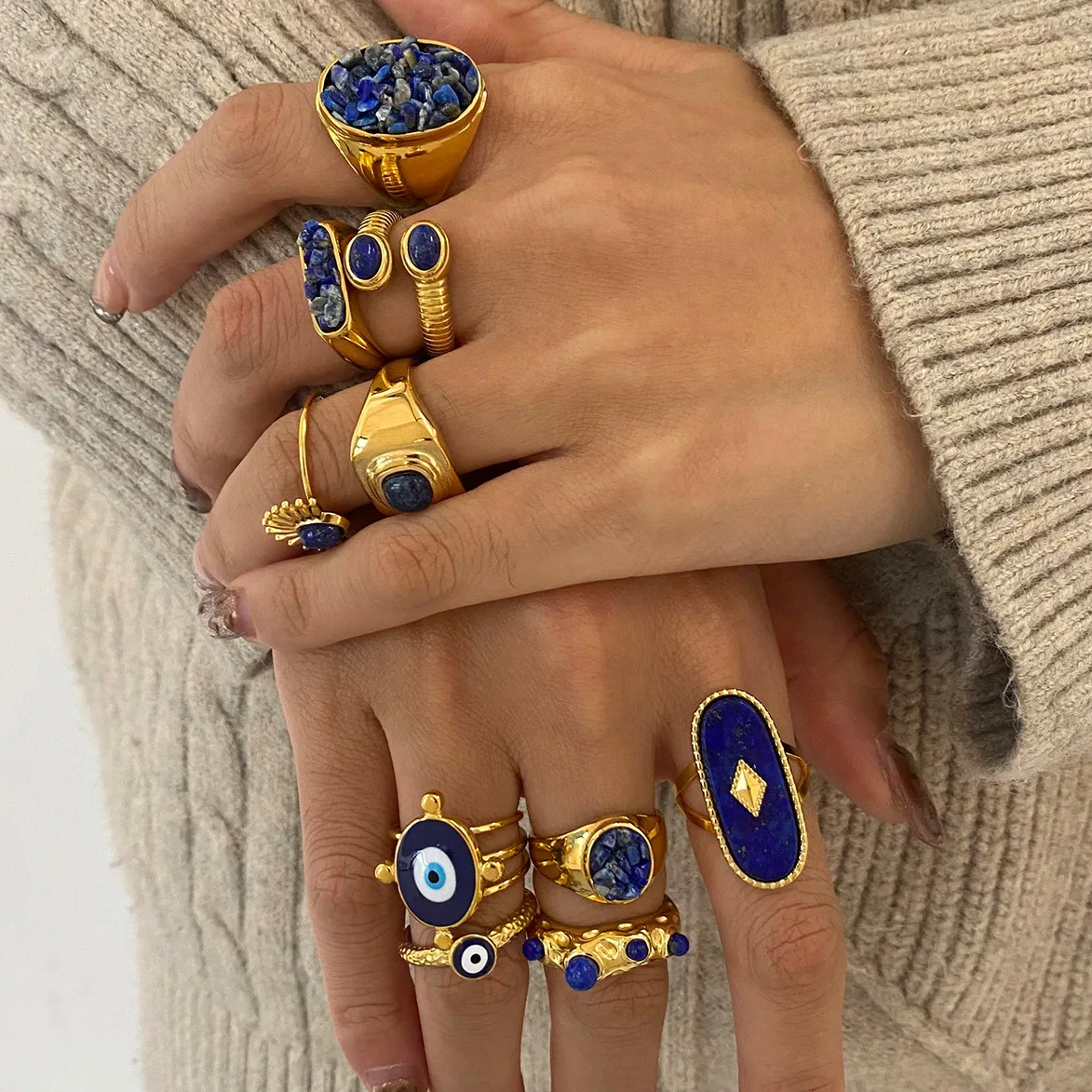 Goth Turkey Style Evil Eye Rings for Women Men 18K Gold Plated Waterproof Blue Natural Stone Chunky Knuckle Ring Wedding Jewelry