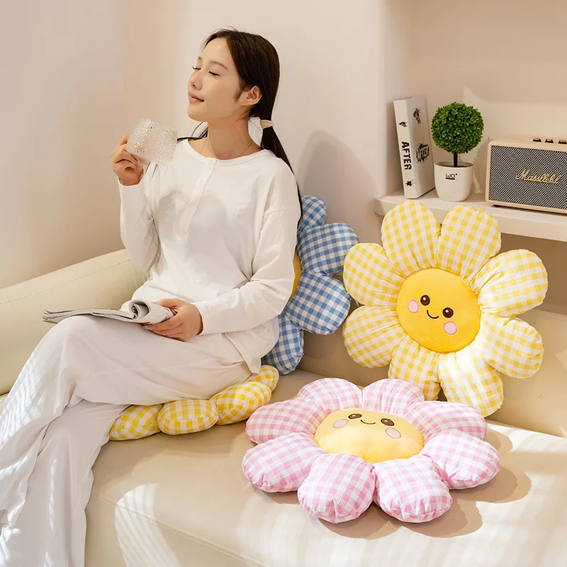 아름다운 해바라기 플러시 장난감 부드럽고 아늑한 실물 같은 체크무늬 꽃 쿠션 따뜻한 소파 의자 쿠션 사랑스러운 홈 데코