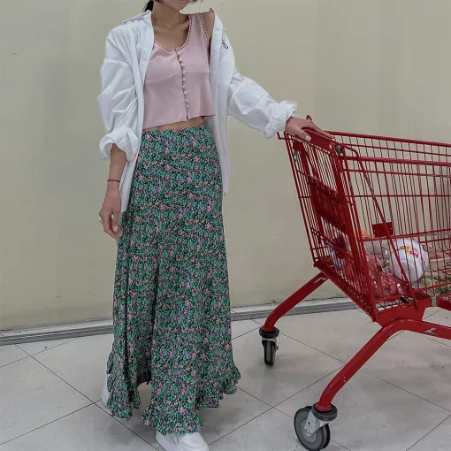 

Spring and summer green trendy loose meat mask slimming elastic high waist floral lotus leaf hemline skirt half skirt