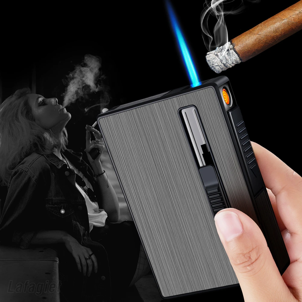 Cigarette Case With Lighter Jet Flame Lighter USB Metal Lighter Holds 20pcs 100mm Cigarettes Tobacco Storage Box Smoking Gadgets 2