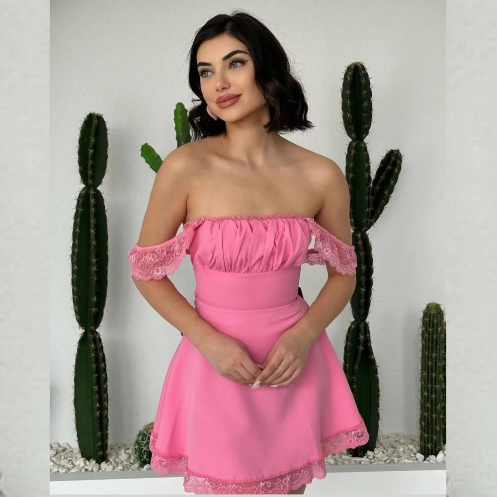 Jersey Flower Ruched Wedding Party A-line Off-the-shoulder Bespoke Occasion Gown Mini Dresses