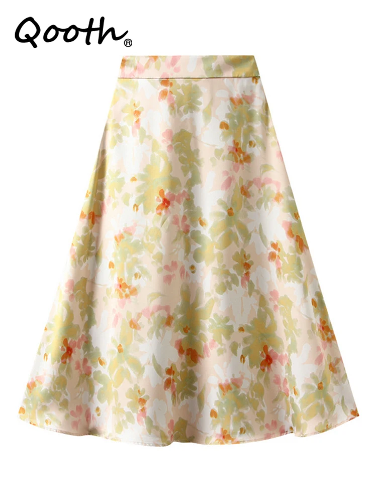 

Qooth Women Satin Floral Printed A-line Skirt Elegant Elastic Waist Long Acetic Acid Skirt QT2144