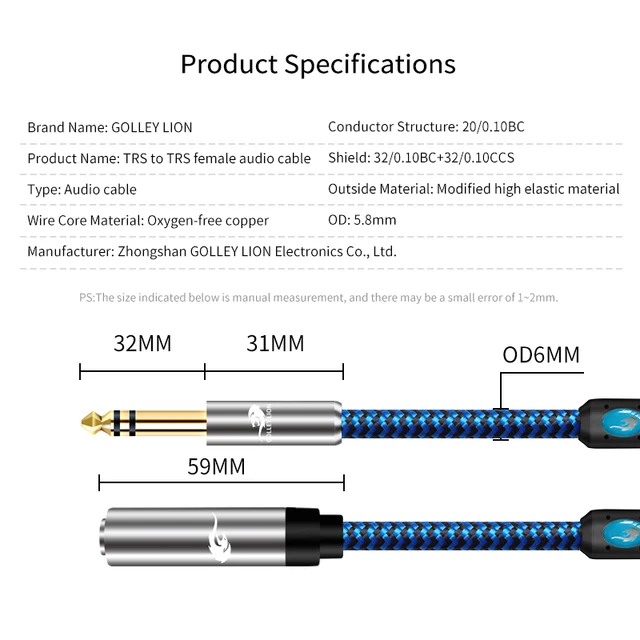 1/4 "Maschio A Femmina Prolunga 6 35 MM Cavo Estensione Chitarra - Foto 11