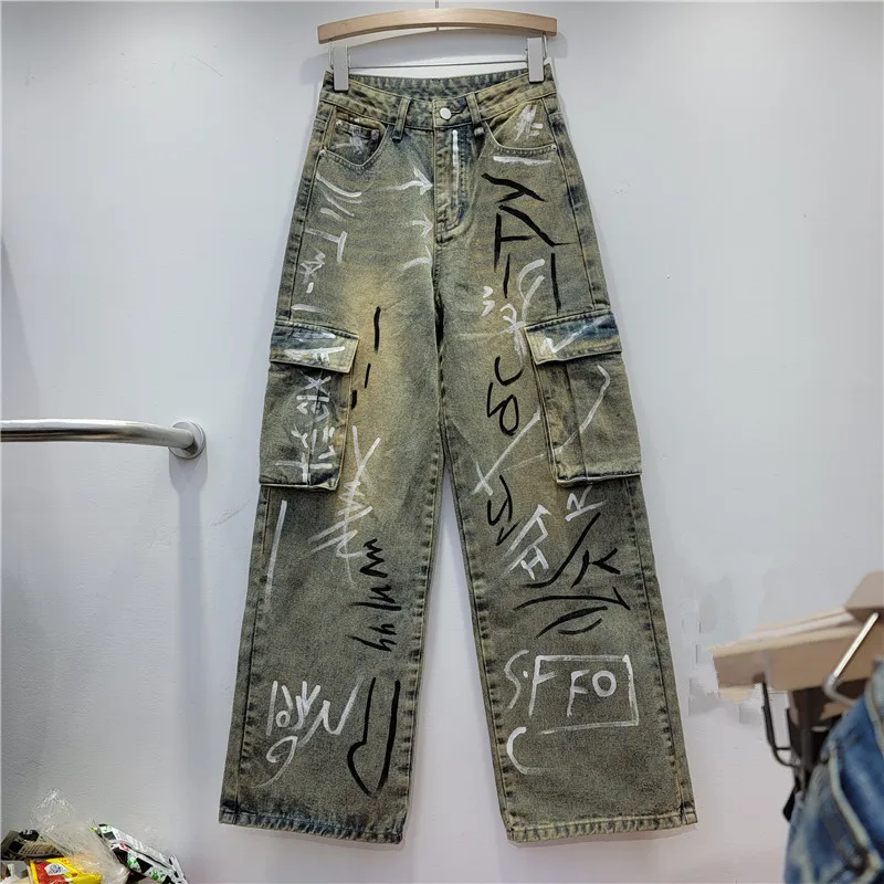 Fashion Handsome Letter Print Casual Denim Overalls Women's Autumn High Waist Loose And Slimming All-Match Wide Leg Jeans Pants