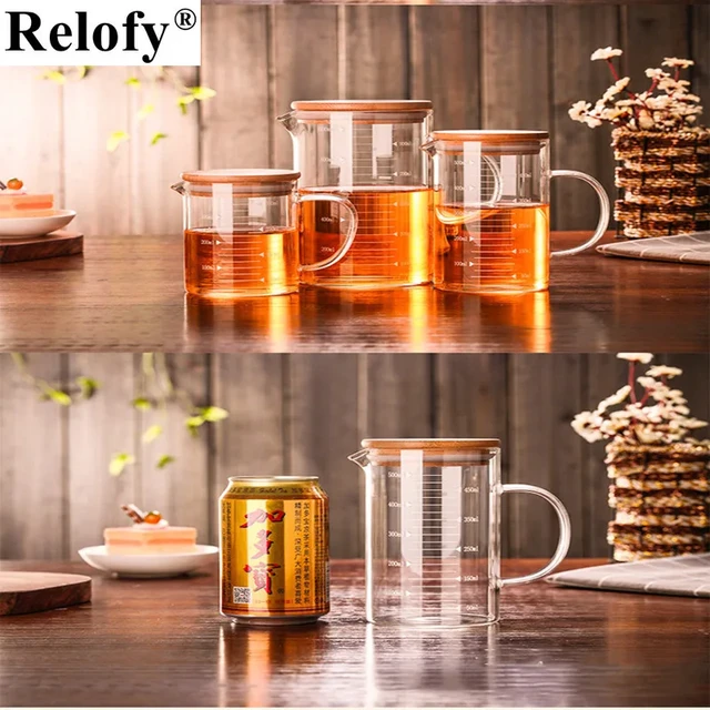 Vasos medidores de cristal con tapa de bambú, jarra de agua, taza de té de  burbujas con marca de escala, se puede usar en microondas, 500/1000ml -  AliExpress