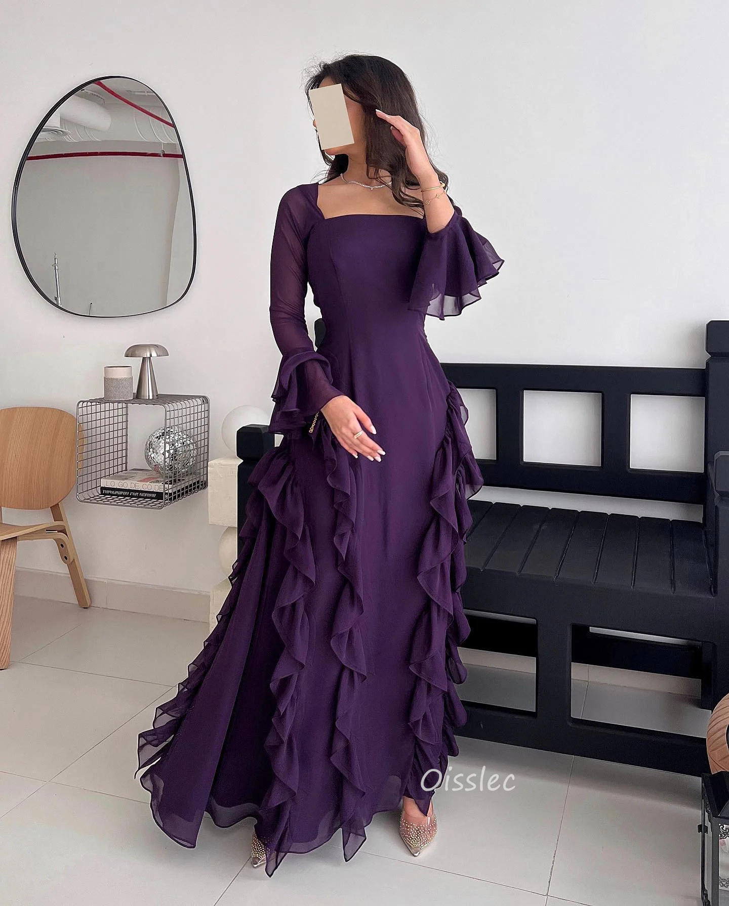 

Simple Chiffon Evening Dresses Ruffled Purple Formal Occasion Gown Square Neck Prom Dress Evening Gowns 2024 Ankle Length