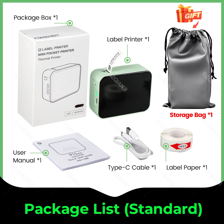 P15 Portable Label Printer Mini Bluetooth Labeling Machine DIY Adhesive Barcode Sticker Thermal Printer or 3pcs White Label Tape