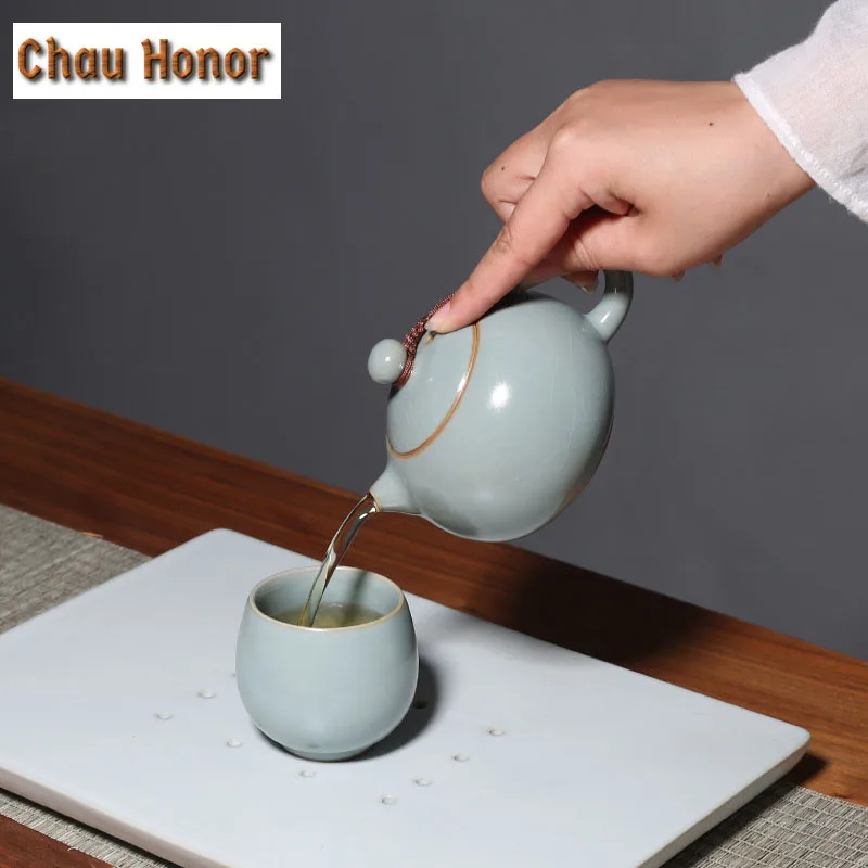 220ml Handmade Azure Ceramic Teapot Ru Kiln Xishi Tea Pots Gracked Glaze Porcelain Kung Fu Pu'er Tea Master Pot Household Teaset