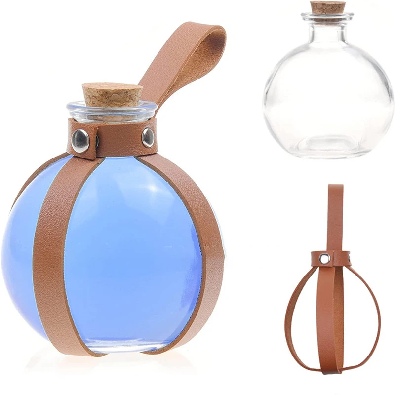 Medieval Round Flask Potion Bottle Cork DIY Perfume Flower Arrangement Decorative Bottle Retro Leather Holder Cosplay Props