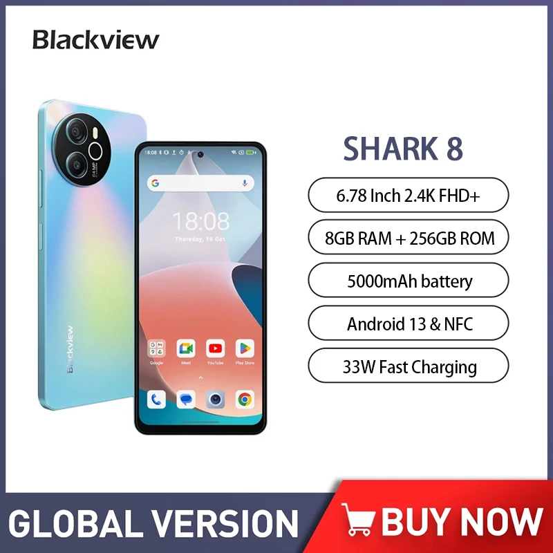 

Blackview SHARK 8 Smartphone Android13 G99 Mobile Phone 6.78 Inch 8GB RAM+256GB ROM 64MP 5000mAh 33W Fast Charging Cellphone NFC