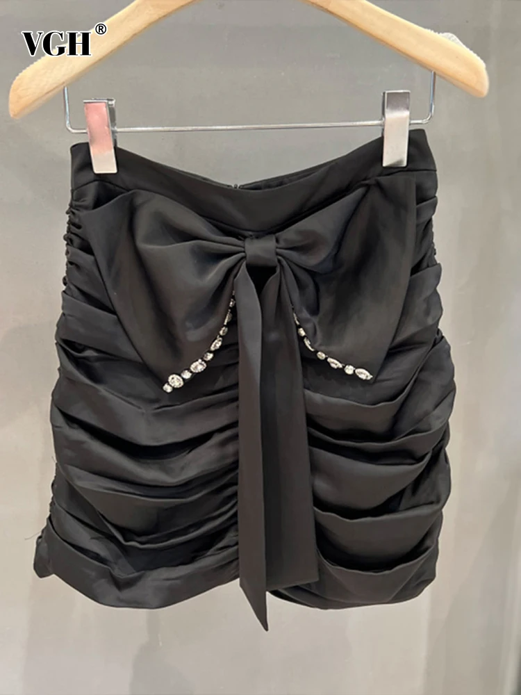 

VGH Solid Patchwork Bowknot Folds Skirt For Women High Waist Bodycon Spliced Diamonds Slimming Temperament Skirts Female Fashion
