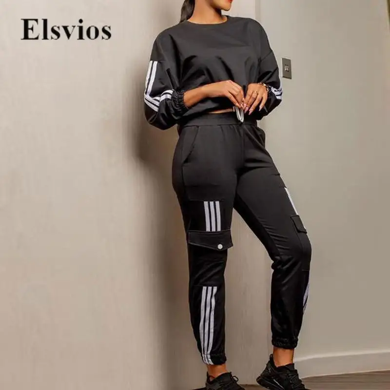 

Women Sports Set Tracksuit Female Striped Print Sweashirt Outfits Casual O Neck Long Sleeve T Shirt And Pocket Cargo Pants Suit