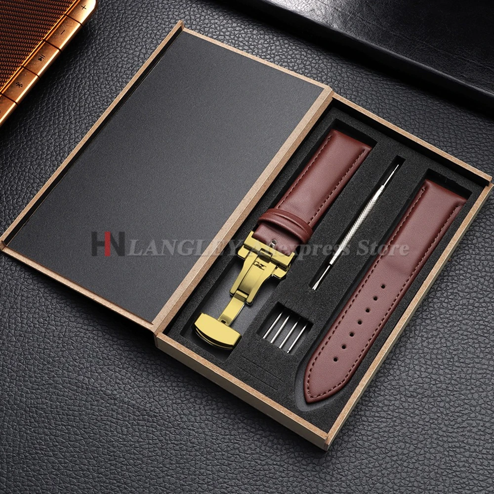 Elegant Leather Watch Strap with Butterfly Clasp and Wooden Box Packaging